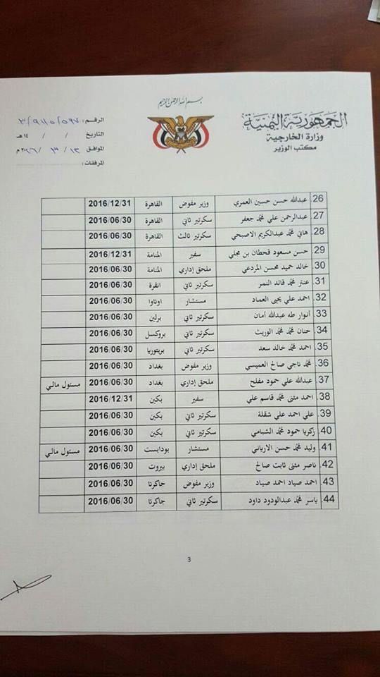 وزارة الخارجية تستدعي 90 دبلوماسيا يمنيا ضمن حملة تطهير السلك الدبلوماسي من مؤيدي الانقلاب (أسماء)