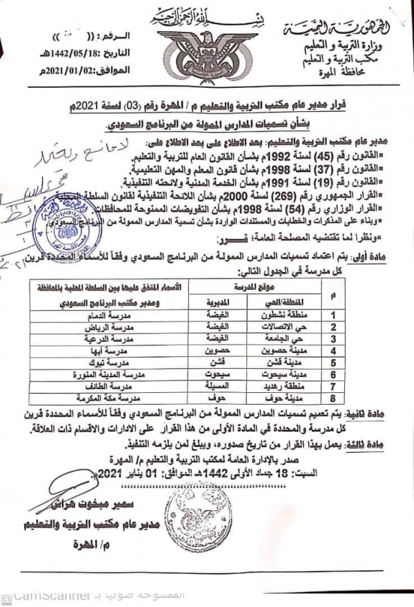 لجنة اعتصام المسيلة بالمهرة تدين مساعٍ سعودية لتغيير أسماء مدارس المحافظة